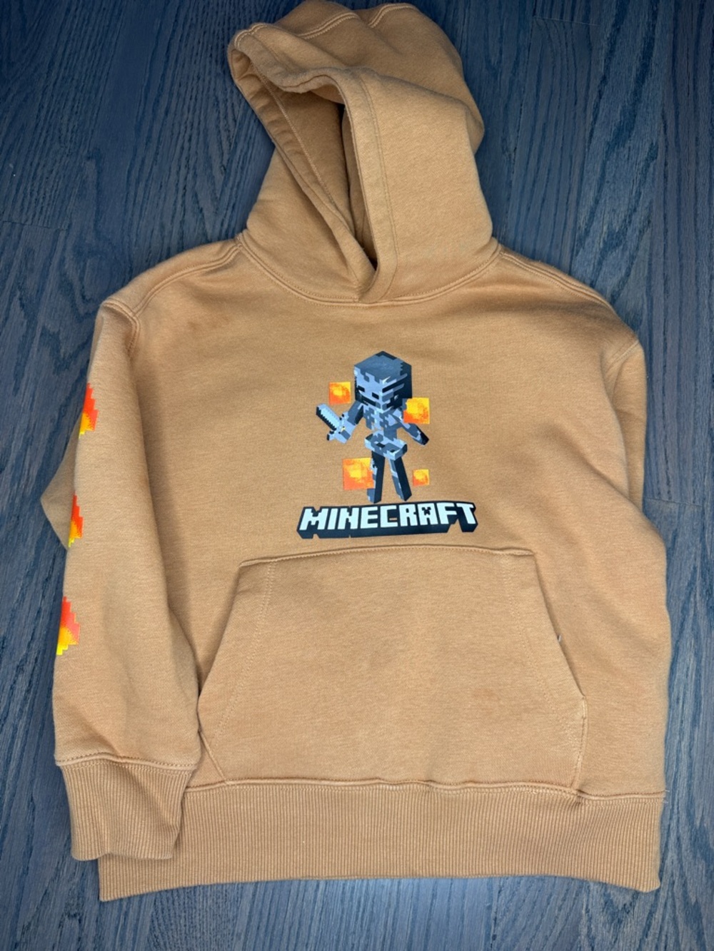 Zara Tan Minecraft Hoodie with Orange Flame Graphics